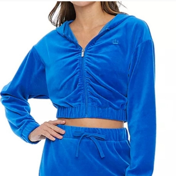 Juicy Couture Womens Blue Velour Ruched Crop Jacket Size Large - Picture 1 of 6